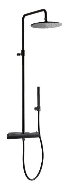 Svart takdusch med rund duschhuvud och handdusch, monterad på en vertikal stång.