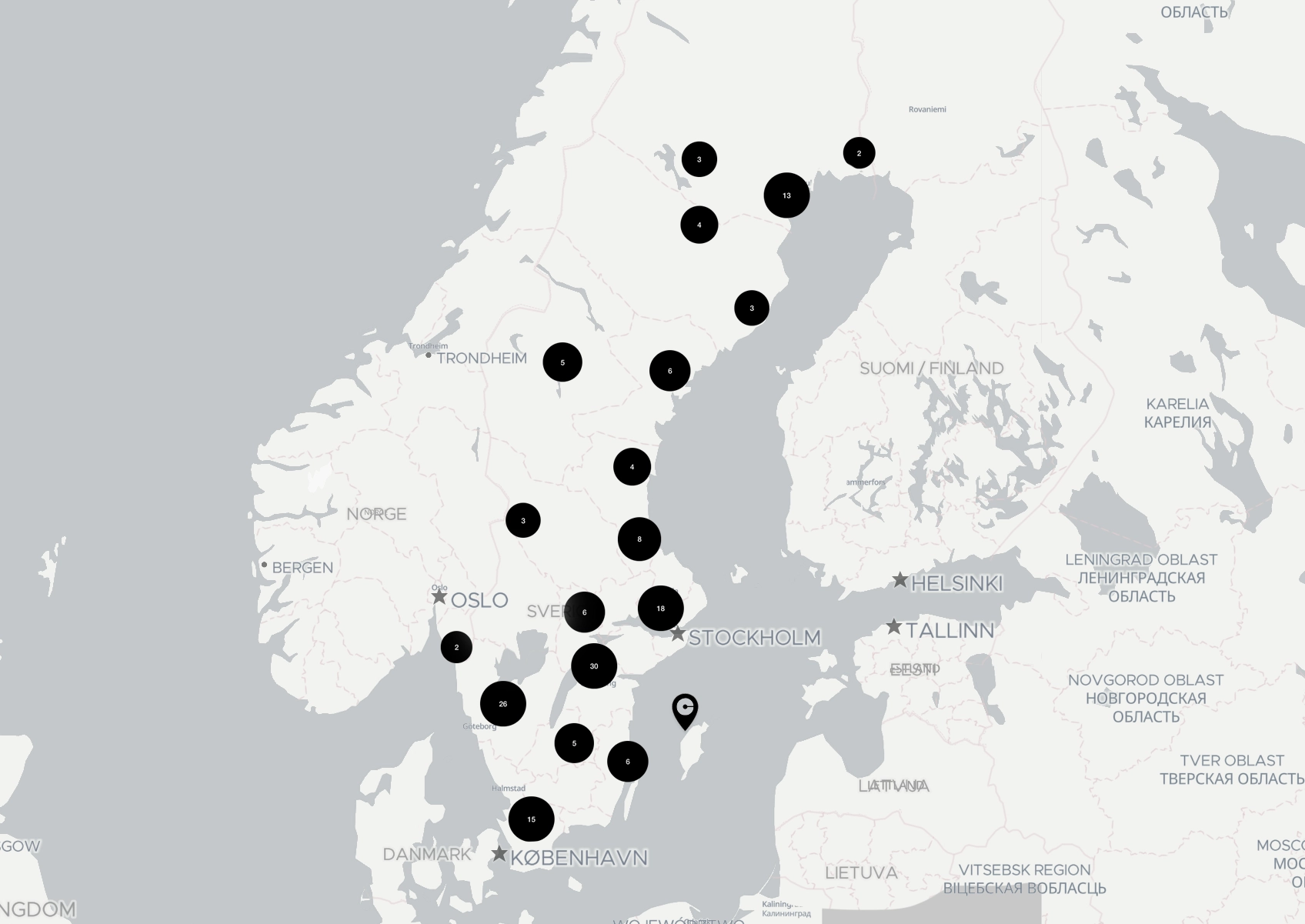 Karta med svarta punkter som markerar comforts medlemmar